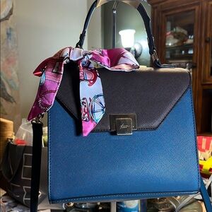 Dune Blue and Brown Satchel with Pink Twilly scarf